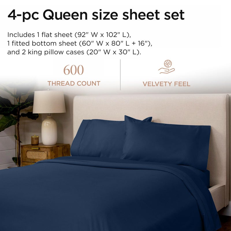 Threadmill 100% Cotton Sheets for Queen Size Bed - 600 Thread Count Queen Bed Sheets Set with 16â€ Deep Pocket - Sateen Weave 4-Piece Bedding Set with Cooling Effect, Folkstone Blue - Image 2